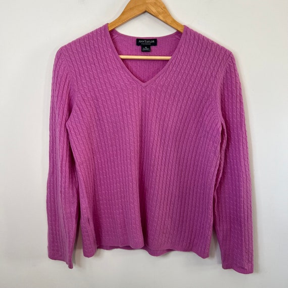 Ann Taylor Cashmere Sweater Medium Barbie Pink Cable Knit V Neck