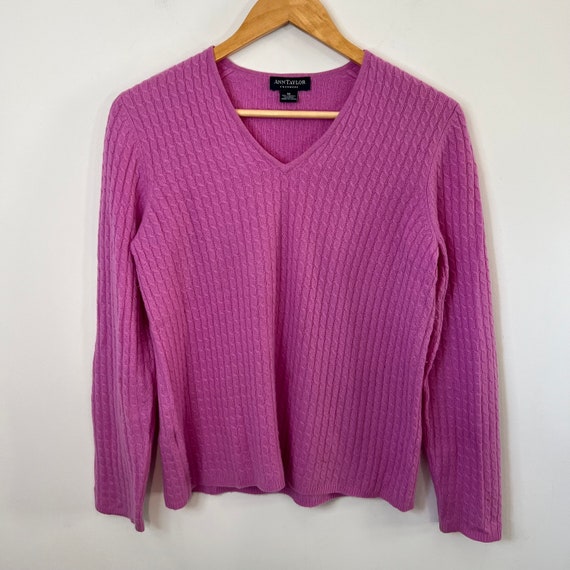 Ann Taylor Cashmere Sweater Medium Barbie Pink Cable Knit V Neck Pullover  Read 