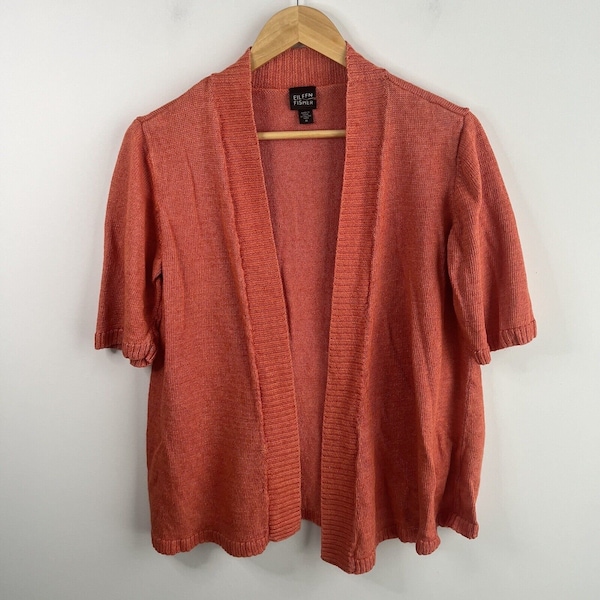 Eileen Fisher Organic Linen Cardigan Medium Short Sleeve Knit Orange Sweater