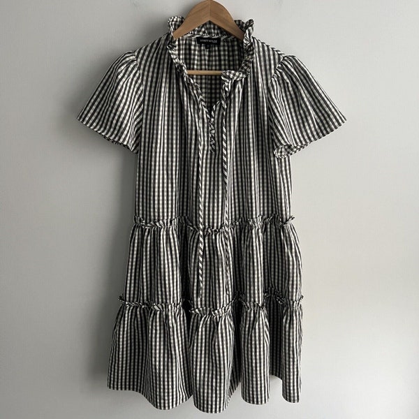 Wyatt Wylde Dress Medium Gingham Plaid Black White Tiered Boho Cottagecore Mini