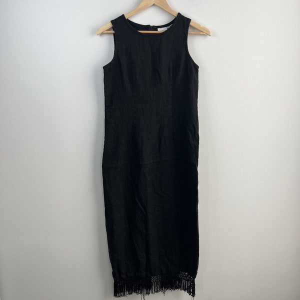 Match Point Linen Dress 4 Small Black Fringed Sleeveless Midi Dress Made In USA
