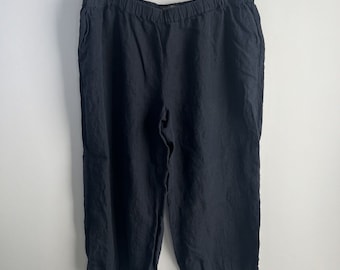 Marina Rinaldi Linen Pants Womens XL Navy Blue Pull On Wide Leg Cropped 38x26