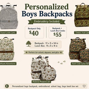 May include: A collection of backpacks and lunch boxes featuring various camouflage and nature-themed prints. The image displays Stone Creek Camo, Timber Trail Camo, Marshland Adventures, Hunt Club Camo, and Mallard Meadow sets with dimensions of 11x5x14 inches for backpacks and 9x5x9 inches for lunch boxes.