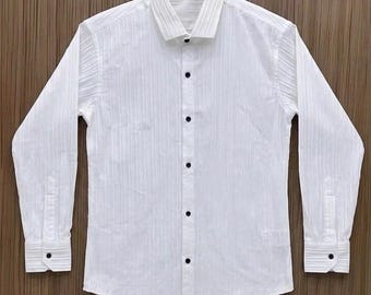 Men's White Slim Fit Fluted Pattern Cotton Dress Shirt – Full Sleeve Button Down Wear