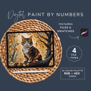 May include: Digital paint by numbers image of a cat in an autumn forest setting. The image is displayed on a tablet computer on a woven placemat. The image includes 4 file types and 30 color swatches with RGB and HEX codes.