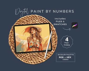 Paint by Numbers Kit Boho Lady, Woman Floral, Procreate Coloring, Adult DIY Craft Painting, 29 Colors, PDF, PNG,Instant Download 194