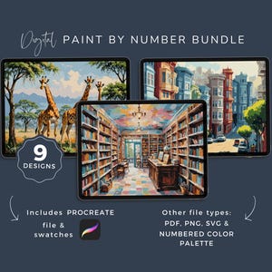 Op de afbeelding: Een digitale verf-op-nummer-bundel met 9 ontwerpen. De bundel bevat een Procreate-bestand en swatches. De ontwerpen omvatten een giraf in een savanne, een bibliotheek en een straat in de stad.