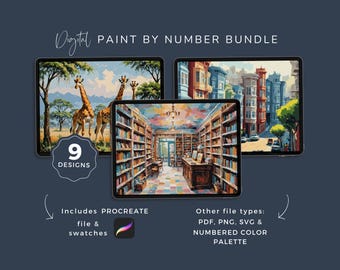 Paint By Numbers Bundle, Digital Coloring Pages, DIY Painting Template, Procreate Color-by-Number, 9 Unique Designs, Instant Download, WP451