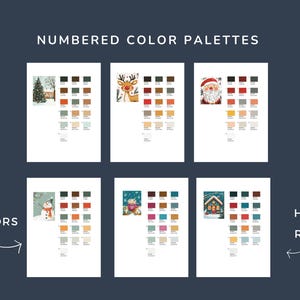 May include: A collection of six numbered color palettes with holiday-themed illustrations. Each palette features 16 colors, with HEX and RGB color codes. The image includes a Christmas tree, reindeer, Santa, snowman, and a cozy cabin.