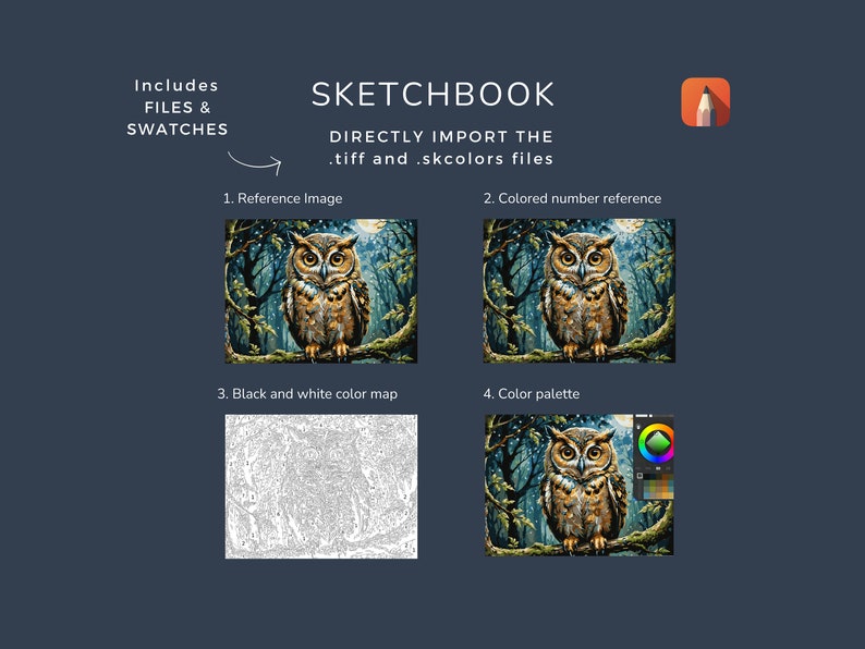 May include: A digital painting kit featuring a detailed image of an owl in a forest setting. The kit includes a reference image, a coloured number reference, a black and white colour map, and a colour palette.