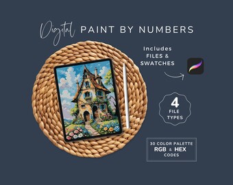 Procreate Paint by Numbers, Digital Colour-by-number, Cute Country Cottage, Storybook CBN, DIY Art Kit, 30 Colors, Instant Download WP173