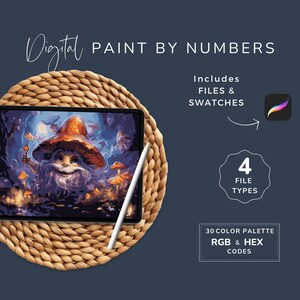 Peut inclure: Kit de peinture numérique par numéros affiché sur une tablette, avec un personnage de champignon fantaisiste. L'image est posée sur un tapis tressé sur fond bleu foncé. Inclut fichiers, échantillons, 4 types de fichiers et palette de 30 couleurs avec codes RVB et HEX.
