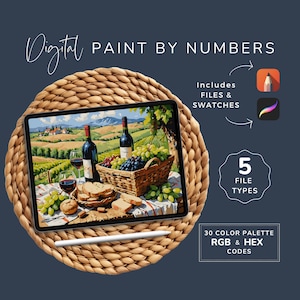 May include: Digital paint by numbers image of a still life with two bottles of wine, grapes, bread, and a glass of wine on a table in a vineyard setting. The image is displayed on a tablet computer with a stylus pen. The image includes 5 file types and 30 colour palette RGB and HEX codes.