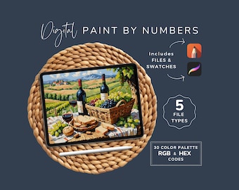 Paint by Number Adult Digital, Rustic Picnic in Italy, Digital Coloring Pages, Procreate, Sketchbook, 30 Colors, Instant Download WP28