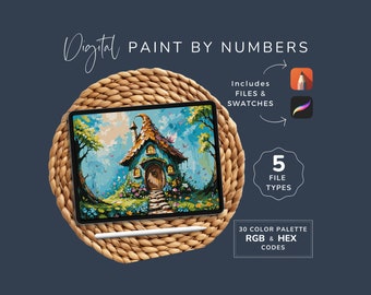 May include: Digital paint by numbers image of a whimsical blue house with a curved roof, surrounded by flowers and butterflies. The image is displayed on a tablet computer, with a stylus pen resting on a woven mat. The text "Digital Paint by Numbers" is at the top of the image, and the text "Includes Files & Swatches" is on the right side of the image. The text "5 File Types" is in a circle on the right side of the image. The text "30 Color Palette RGB & HEX Codes" is at the bottom of the image.