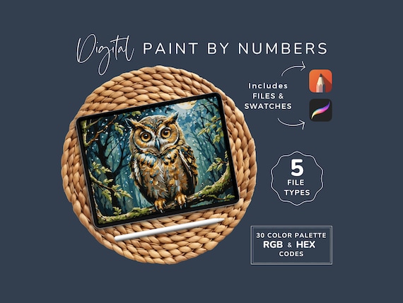 Paint By Numbers Bird, Owl Canvas, PDF Coloring Pages, DIY Digital Art Kit, Procreate, Sketchbook, 30 Color Palette,  Instant Download, WP06