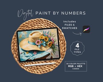 Procreate Paint By Numbers, Sunhat CBN, Cottagecore Coloring Pages, Digital DIY Art Kit, 30 Color Palette, PDF, Instant Download, WP108