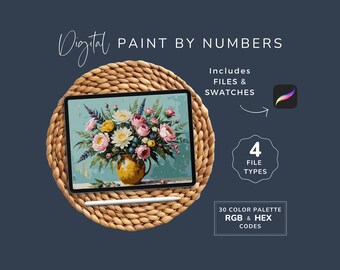 Paint by Numbers Peony, Pink and Yellow Bouquet, Boho Flowers, Floral Painting, Printable Template, 30 Colors, SVG, Instant Download WP117