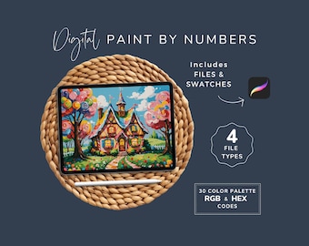Digital Paint By Numbers, Candyland House, Fairytale Coloring Pages, Fantasy Art Kit, Procreate PBN, 30 Colors,  Instant Download WP119