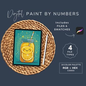 May include: A digital paint-by-numbers design featuring a cartoon illustration of a smiling lemon drink in a mason jar on a tablet. Includes files, swatches, and 4 file types. The image is on a woven mat with text that says "Digital Paint by Numbers".