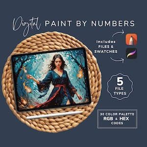 May include: Digital paint by numbers image displayed on a tablet screen. The image depicts a woman in a forest with glowing lights. The tablet is placed on a woven placemat. The text "Digital Paint by Numbers" is at the top of the image. The text "Includes Files & Swatches" is on the right side of the image. The text "5 File Types" is in a circle on the right side of the image. The text "30 Color Palette RGB & HEX Codes" is at the bottom of the image.