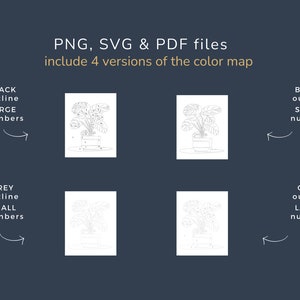 May include: Four versions of a color-by-number image of a potted plant. The images include black outlines with large numbers, black outlines with small numbers, grey outlines with large numbers, and grey outlines with small numbers.
