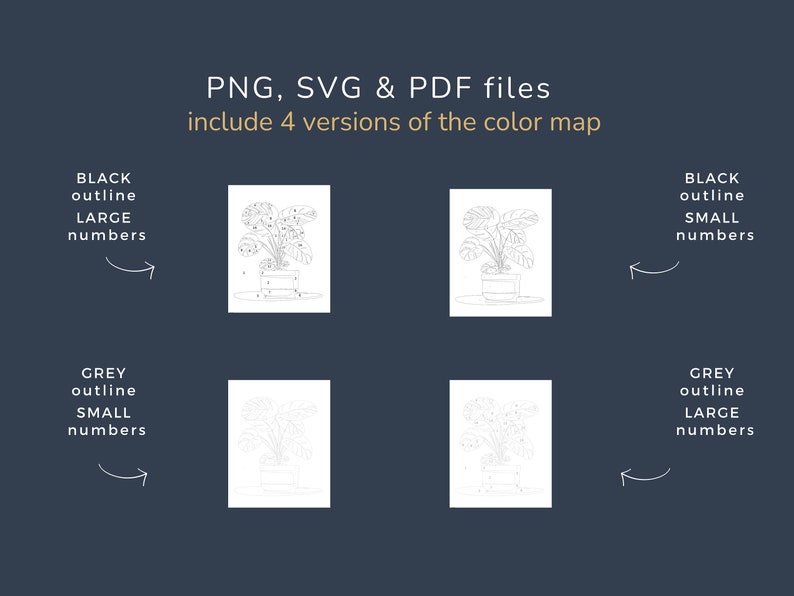 May include: Four versions of a color-by-number image of a potted plant. The images include black outlines with large numbers, black outlines with small numbers, grey outlines with large numbers, and grey outlines with small numbers.