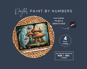 Paint By Numbers Mushroom, Fantasy Coloring Pages, DIY Art Kit, Printable PDF, Multiple File Types, 30 Colors, Instant Download WP134