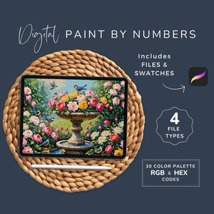 Paint by Numbers Kit for Adults, Bird in Flower Garden, Procreate Coloring, Bright Floral, Digital Art, 30 Colors, Instant Download WP228