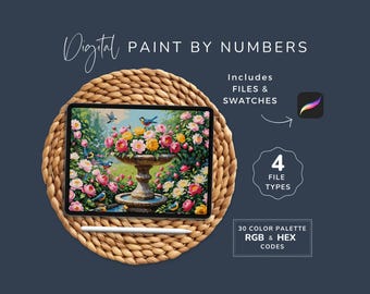 Paint by Numbers Kit for Adults, Bird in Flower Garden, Procreate Coloring, Bright Floral, Digital Art, 30 Colors, Instant Download WP228