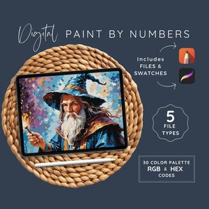 Puede incluir: Imagen digital de pintura por números de un mago con una larga barba blanca y una túnica azul que sostiene una cerilla encendida. La imagen se muestra en una tableta en una estera tejida. La imagen incluye 5 tipos de archivos, muestras de colores y una paleta de 30 colores con códigos RGB y HEX.
