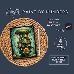 May include: Digital paint by numbers image of a whimsical treehouse built into a giant teacup. The image is displayed on a tablet computer on a woven wicker surface. The image includes 4 file types and 30 color palettes with RGB and HEX codes.