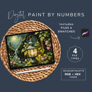 May include: A digital paint-by-numbers image on a tablet, depicting a lantern scene with a waterfall and flowers. Includes files and swatches, 4 file types, and a 30-color palette with RGB and HEX codes. The tablet rests on a woven mat.