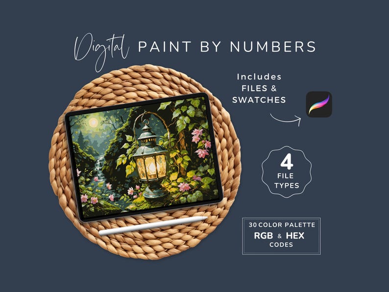 May include: A digital paint-by-numbers image on a tablet, depicting a lantern scene with a waterfall and flowers. Includes files and swatches, 4 file types, and a 30-color palette with RGB and HEX codes. The tablet rests on a woven mat.