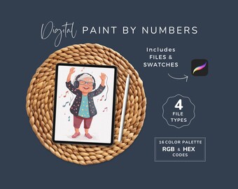 Procreate Paint by Numbers, Funny Digital CBN, Happy Dancing Grandmother, Easy DIY Art Project, 4 file types, 16 Colors Instant Download 183