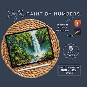May include: Digital paint by numbers image of a waterfall in a jungle setting. The image is displayed on a tablet computer with a stylus pen. The image includes 5 file types, 30 color palettes, and RGB and HEX codes.
