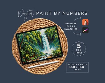 Könnte beinhalten: Digitales Malen nach Zahlen Bild eines Wasserfalls in einer Dschungellandschaft. Das Bild wird auf einem Tablet-Computer mit einem Stift angezeigt. Das Bild enthält 5 Dateitypen, 30 Farbpaletten und RGB- und HEX-Codes.