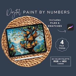 May include: Digital paint by numbers kit featuring a whimsical illustration of tree houses in a forest setting. Includes 4 file types and a 30 color palette with RGB and HEX codes.