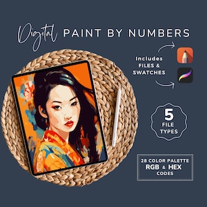 Paint by Numbers Kit Chinese Lady, Adult DIY Craft Painting, Digital Coloring, Pop Art, 28 Color PBN, 5 File Types, Instant Download PE07