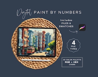 Digital Paint By Numbers kit for Adults, San Francisco Street Scene, City Landscape, Procreate Coloring, 30 Colors, Instant Download 191