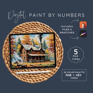May include: Digital paint by numbers kit featuring a cabin in the woods. Includes 5 file types, 30 colour palettes, and RGB & HEX codes.