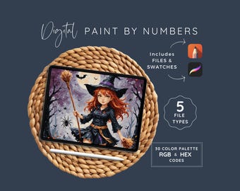 Paint by Numbers Halloween, Friendly Witch CBN, Digital Coloring Pages, PDF, PNG, Procreate, Sketchbook, 30 Colors, Instant Download, WP93