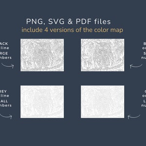 May include: Four different versions of a colour-by-number image. The image is of a landscape scene. The four versions include black outlines with large numbers, black outlines with small numbers, grey outlines with large numbers, and grey outlines with small numbers.