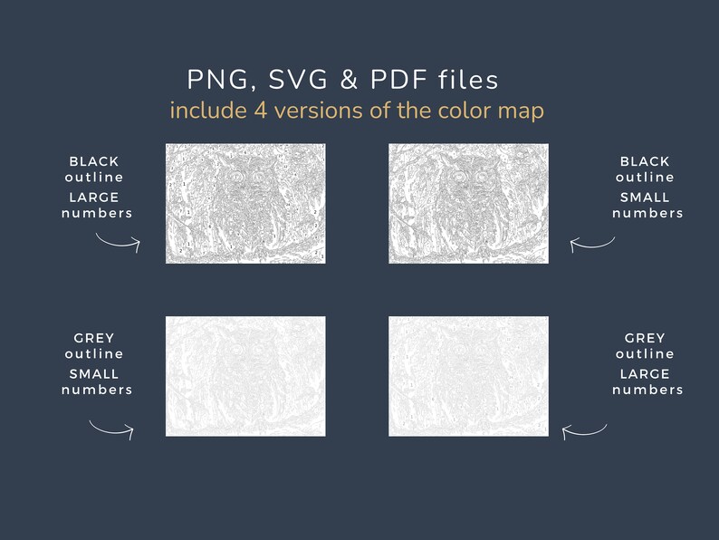May include: Four different versions of a colour-by-number image. The image is of a landscape scene. The four versions include black outlines with large numbers, black outlines with small numbers, grey outlines with large numbers, and grey outlines with small numbers.