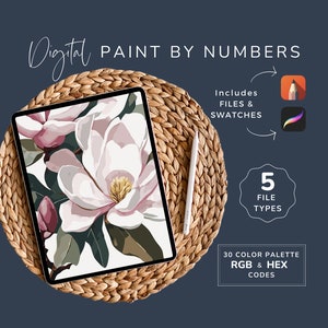 May include: Digital paint by numbers image of a white magnolia flower with pink accents on a tablet. The image includes 5 file types, 30 color palettes, and RGB & HEX codes.