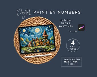 Procreate Paint By Numbers, Whimsical Fairy Village, Digital Fantasy Coloring Pages, DIY Art Kit, 26 Color Palette, Instant Download, WP126