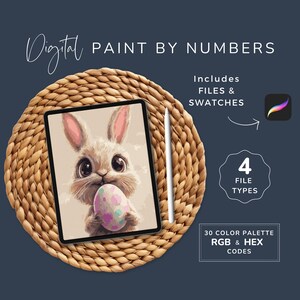 May include: Digital paint by numbers image of a cute bunny holding an Easter egg. The image is displayed on a tablet computer and includes 4 file types and 30 color swatches.