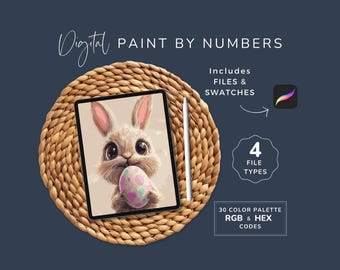 Easter Paint by Number, Procreate Coloring, Cheeky Bunny, Color By Numbers Digital IPAD, Drawing Template, PDF, PNG, Instant Download, WP206