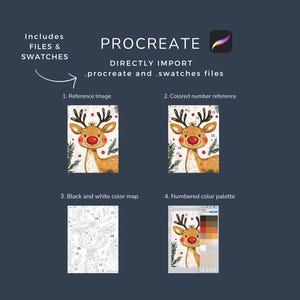 May include: Image showcasing a Procreate digital art product. Includes files and swatches. The image features a reindeer illustration with a numbered color reference, black and white color map, and a numbered color palette. Text includes "PROCREATE" and "DIRECTLY IMPORT .procreate and .swatches files."