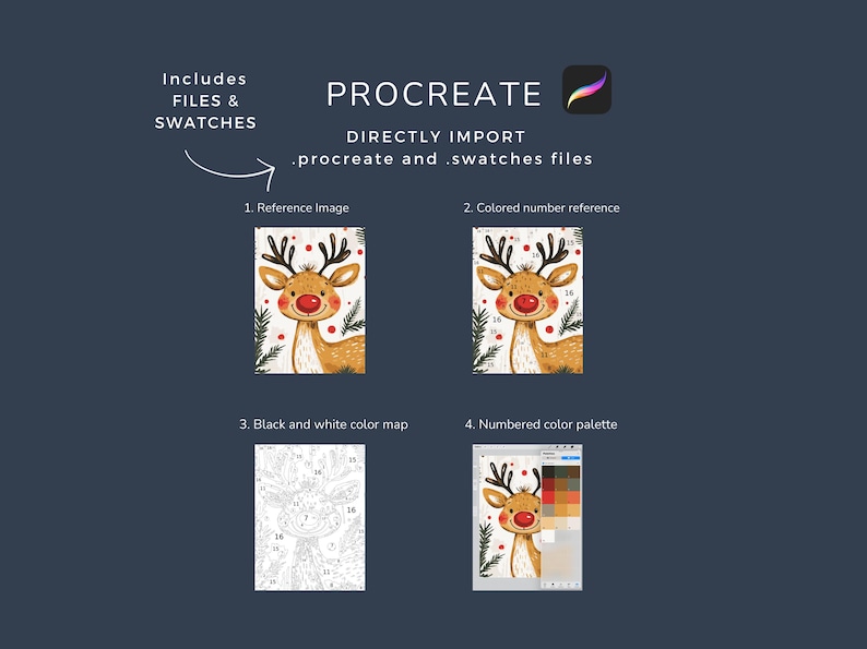 May include: Image showcasing a Procreate digital art product. Includes files and swatches. The image features a reindeer illustration with a numbered color reference, black and white color map, and a numbered color palette. Text includes "PROCREATE" and "DIRECTLY IMPORT .procreate and .swatches files."
